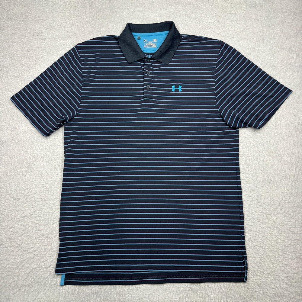 Under Armour Polo Shirt Blue Striped Short Sleeve Heat Gear Loose Men's Size L